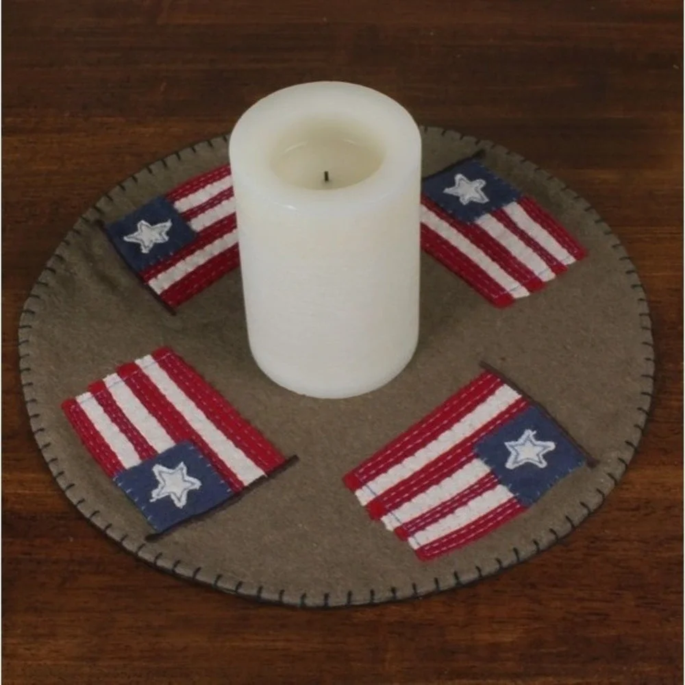 Primitive Farmhouse American Flag Candle Mat‎ Wool Felt Applique 15